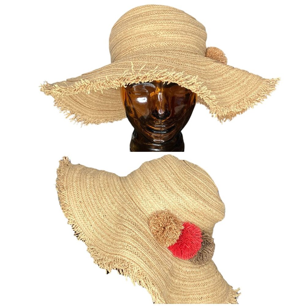 J. Jill One Size Adjustable Tie Pom Pom Straw Beach‎ Floppy Wide Brim Sun Hat